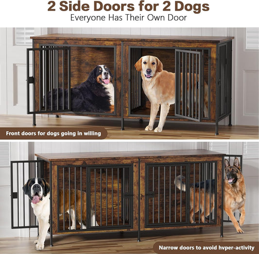 78 Inch Dog Crate Furniture for 2 Dogs, Extra Large Double Dog Cage Large Breed, XXL Thick Wooden Dog Crate TV Stand, Sturdy Dog Kennel with Divider