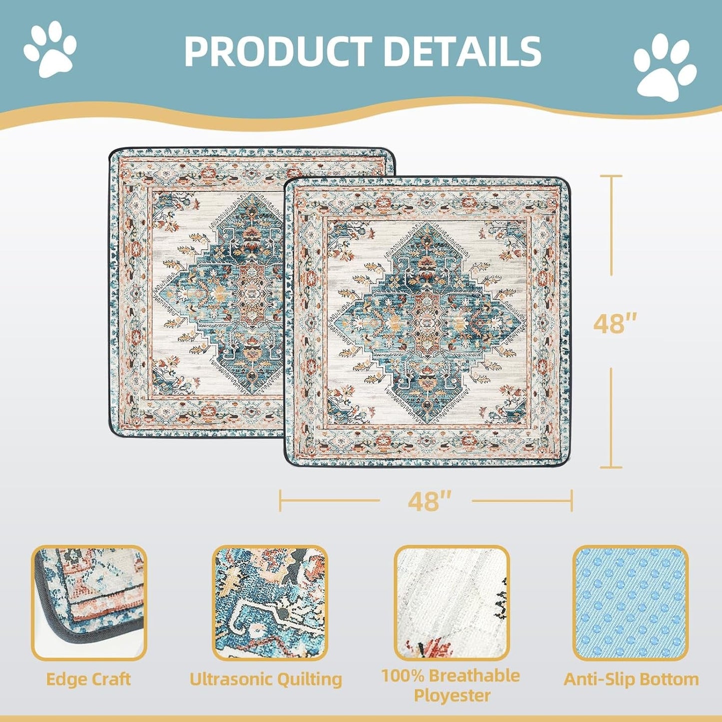 Washable Pee Pads for Dogs Large 2 Pack, 48" X 48" Reusable Puppy Pads Waterproof Dog Rugs, Super Absorbent, Leakproof, Dog Crate Pad, Playpen Mat, Whelping Pads, Blue Medallion