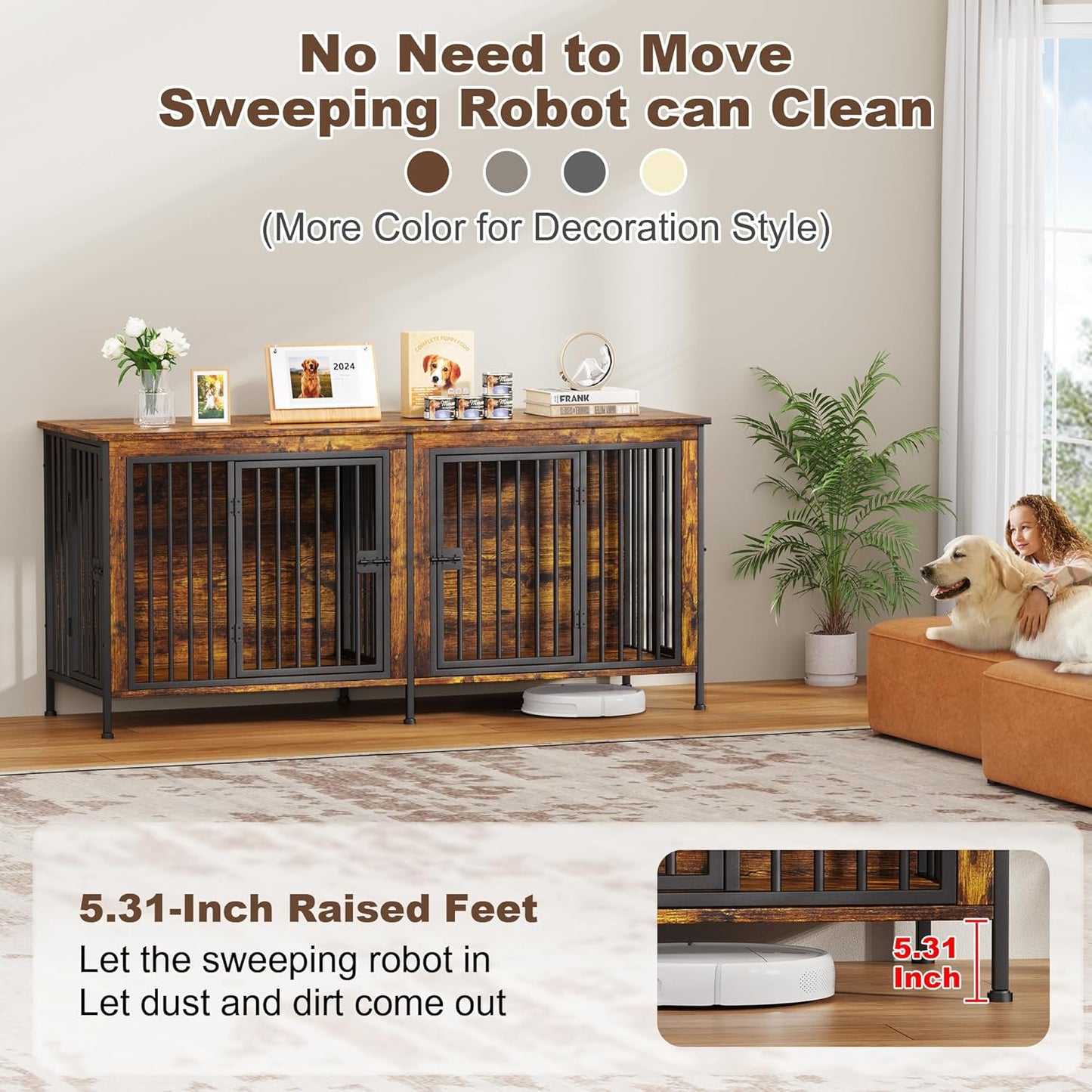78 Inch Dog Crate Furniture for 2 Dogs, Extra Large Double Dog Cage Large Breed, XXL Thick Wooden Dog Crate TV Stand, Sturdy Dog Kennel with Divider